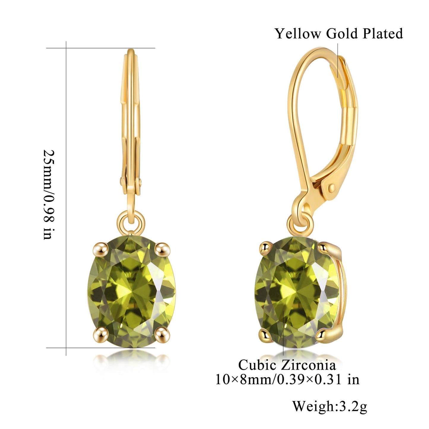 CiNily Cut-Oval Leverback Dangle Earrings for Women Peridot Cubic Zircon 14K Gold Plated Hypoallergenic Hanging Earrings Lightweight Summer Drop Earrings