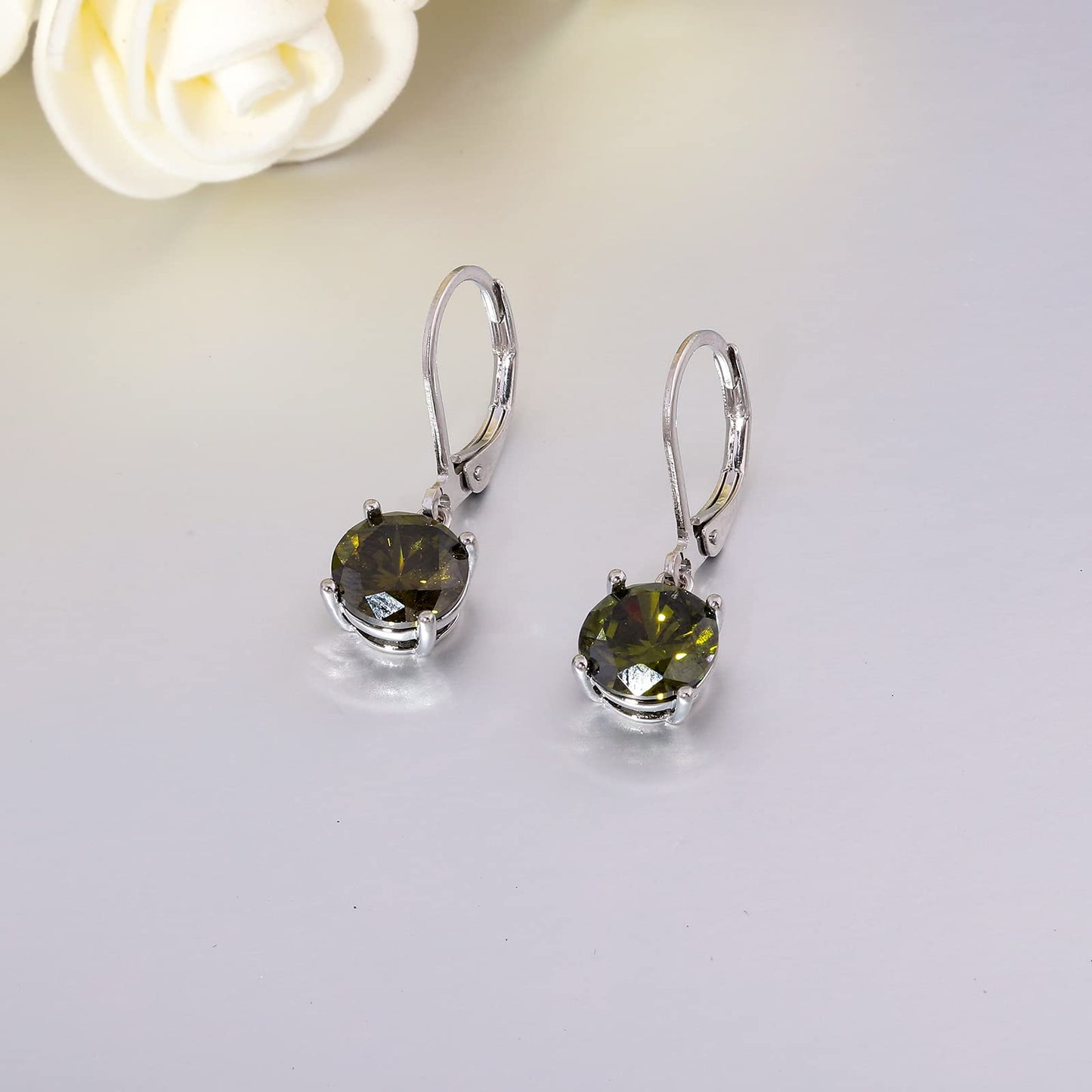 CiNily Leverback Dangle Earrings Created Olive Green Crystal Dangle Earrings 14K White Gold Plated Hypoallergenic Drop Earrings for Women Jewelry 8 mm