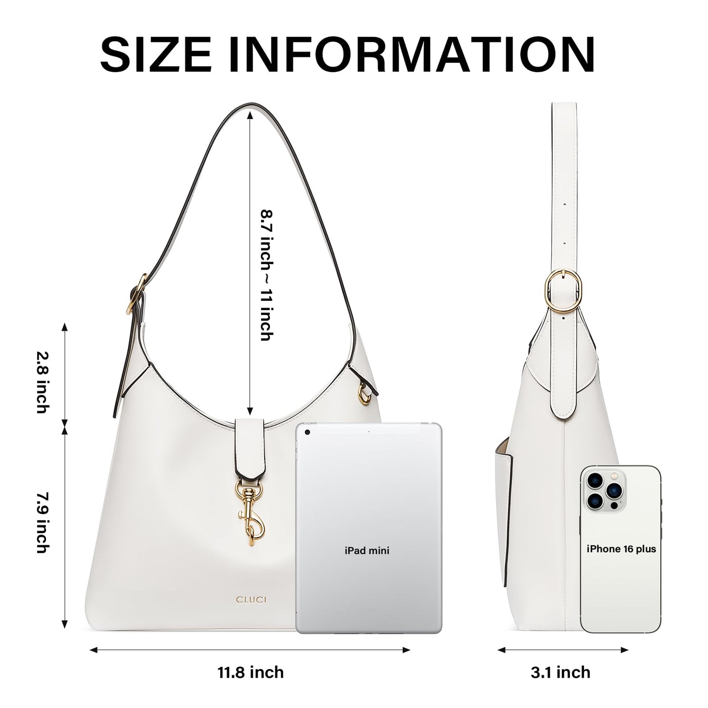 CLUCI Womens Purses and Handbags, Soft Vegan Leather Hobo Bags with Adjustable Strap, Lightweight Slouchy Shoulder Bag White