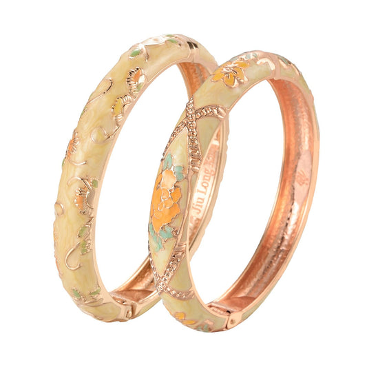 UJOY Classic Cloisonne Bracelets Enamel Jewelry Plated Bamboo Flower Cuff Metal Bangle for Women Gift Box 55A108-55A128 Yellow