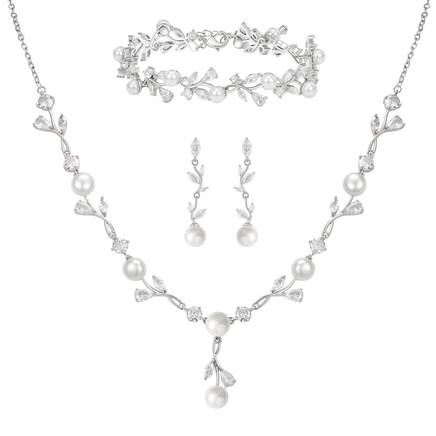 SWEETV Jewelry Set for Women, Cubic Zirconia Pearl Floral Vine Earrings Necklace Bracelet Set for Bride, Bridal Jewelry Set for Wedding Prom