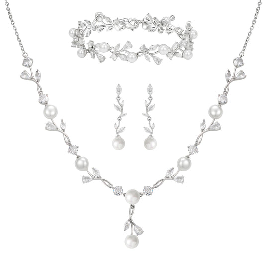 SWEETV Jewelry Set for Women, Cubic Zirconia Pearl Floral Vine Earrings Necklace Bracelet Set for Bride, Bridal Jewelry Set for Wedding Prom