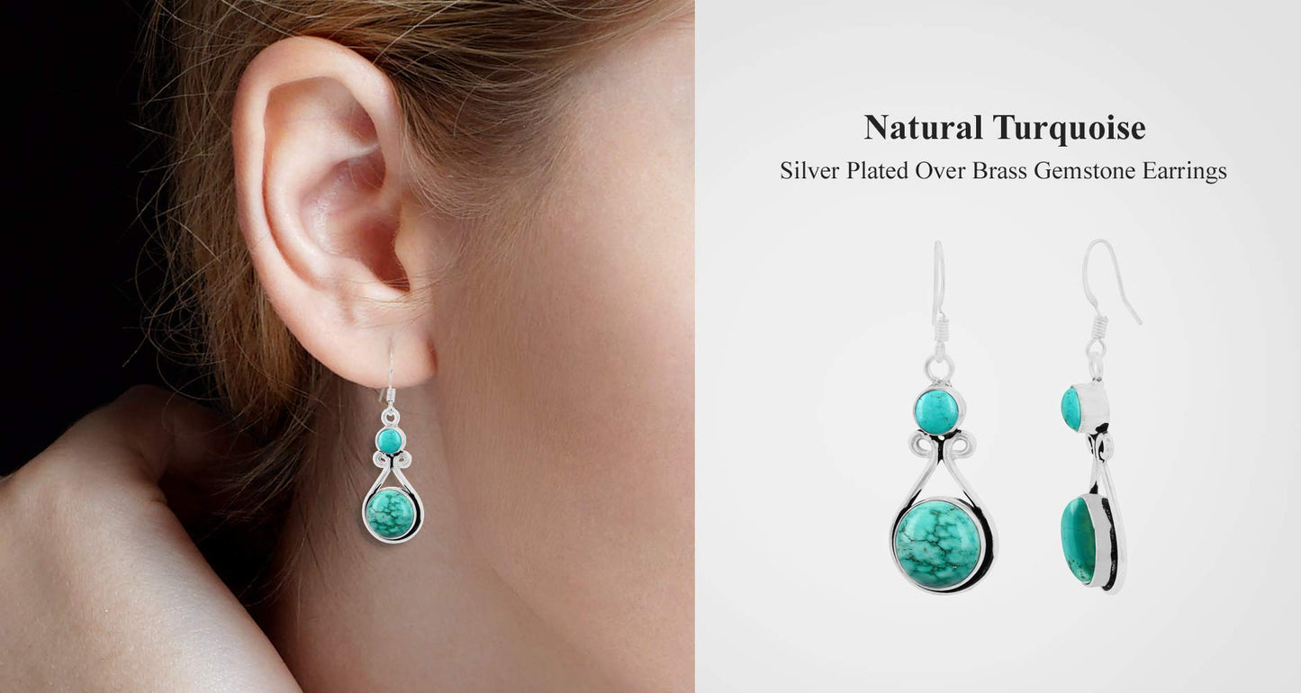 Natural Turquoise Silver Plated Dangle Earrings for Women - December Birthstone Round Gemstones Drop Earrings Handmade Jewelry - Women's Day Gift for Her