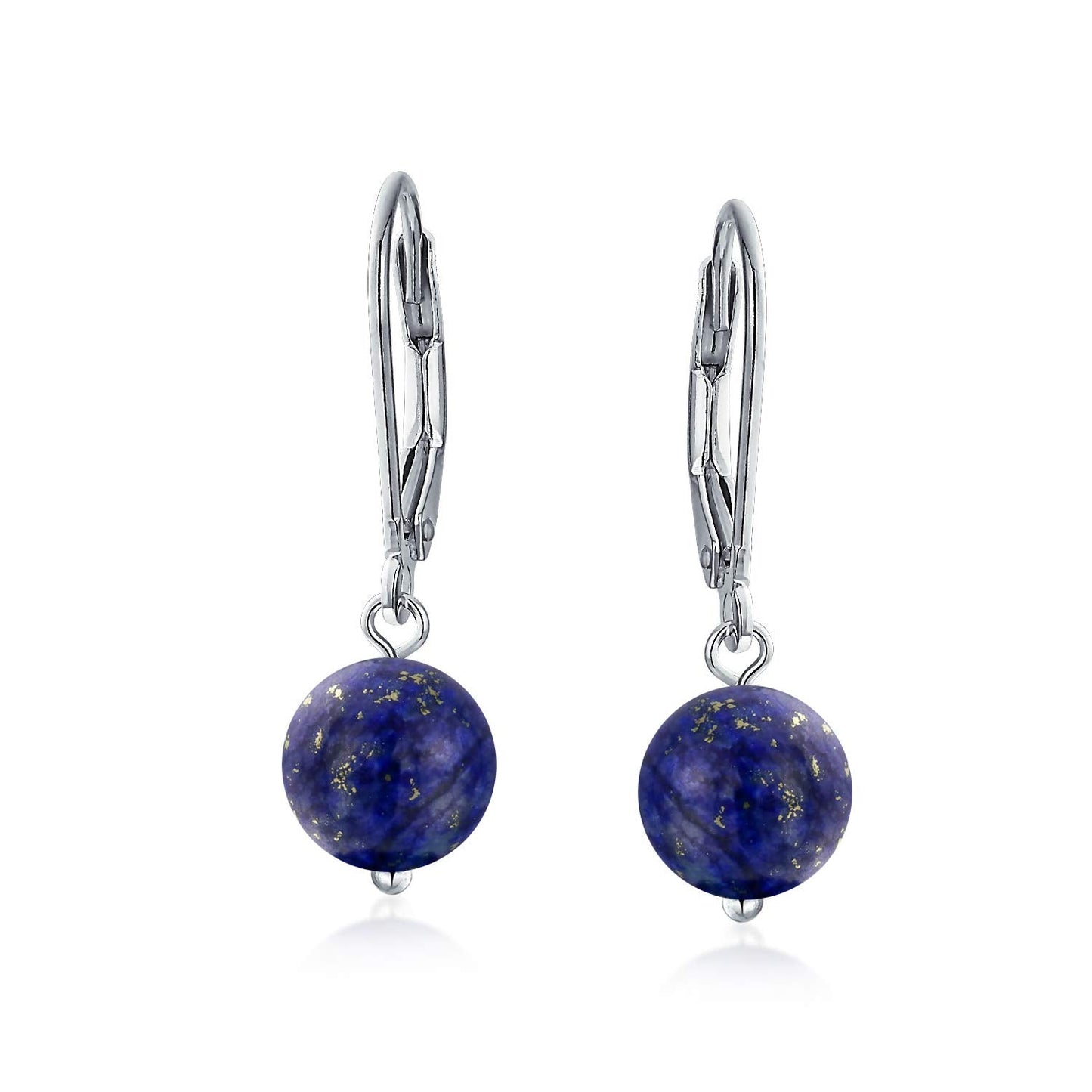 Bling Jewelry Simple Plain Navy Blue Lapis Lazuli Gemstone Round Dangle Lever back Ball Drop Earrings For Women .925 Sterling Silver