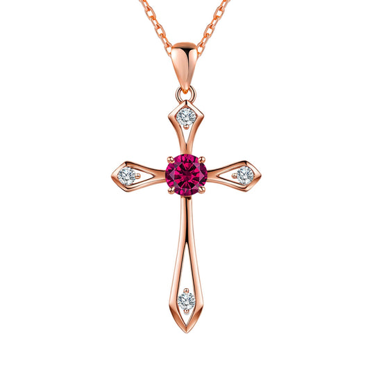 QUALISE Cross Necklace for Women,925 Sterling Silver Birthstone Necklace,Ruby-July Birthstone Cross Necklace,Faith Religious Fine Jewelry Valentines Day Gifts Birthday Holiday Gifts for Her