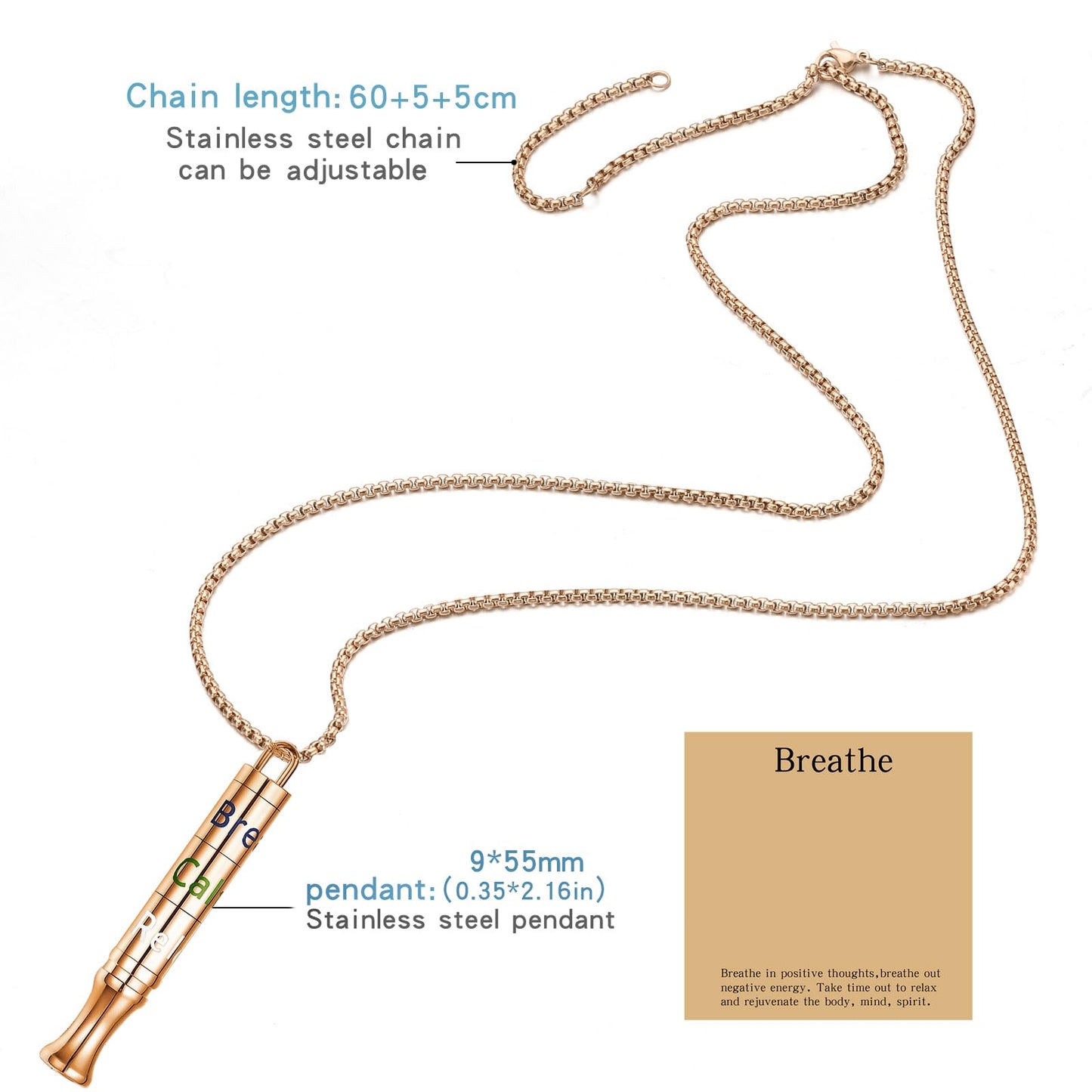 Fidget Necklace with Spinning Calm, Breathe, Relax Charms - Sensory Anxiety Relief & Deep Breathing Aid Stainless Steel Necklaces for Women Men (Rose Gold)