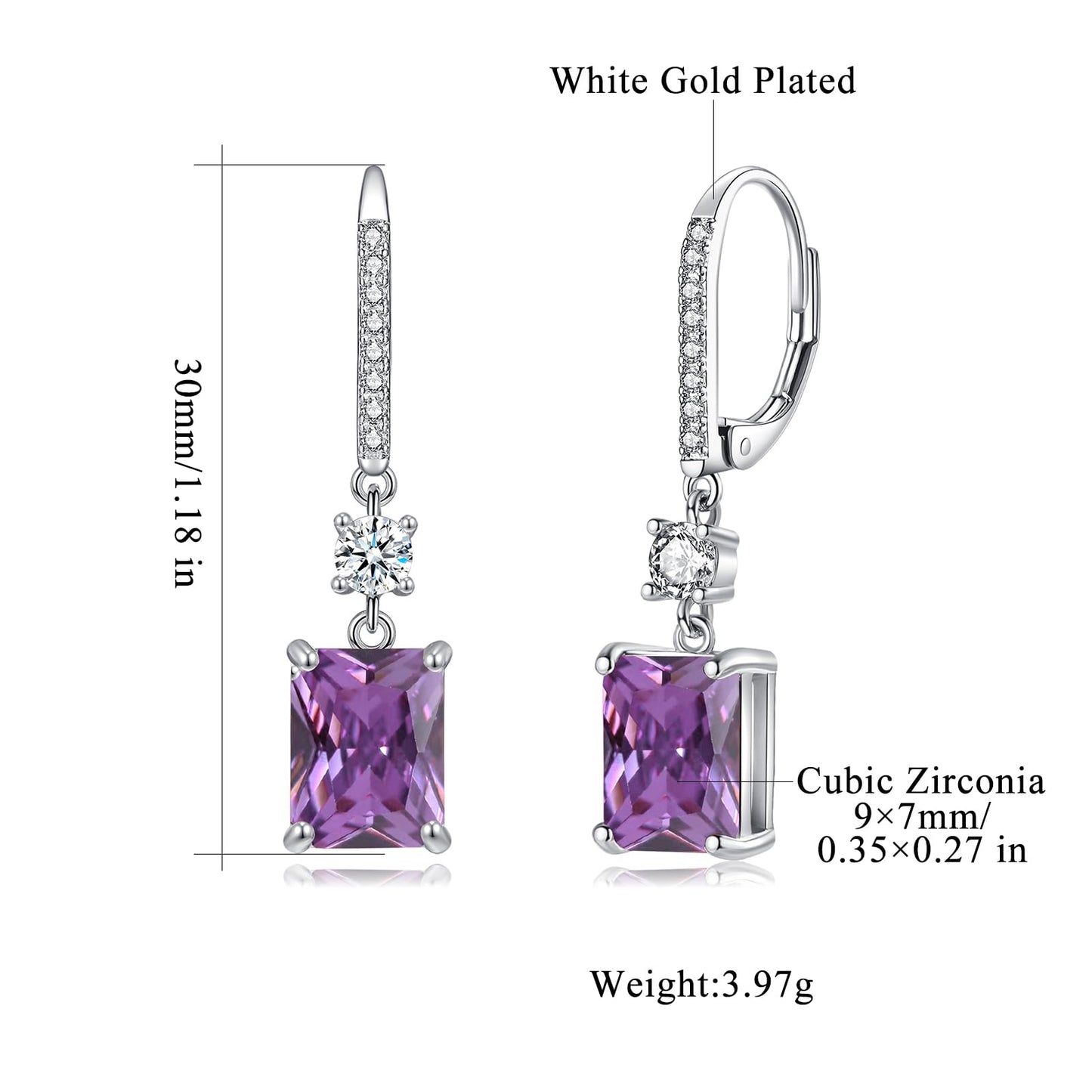 CiNily Rectangular-cut Drop Dangle Earrings Hypoallergenic, 14K White Gold Plated Purple Cubic Zircon Earrings Diamond Dangle Earrings Jewelry Wedding
