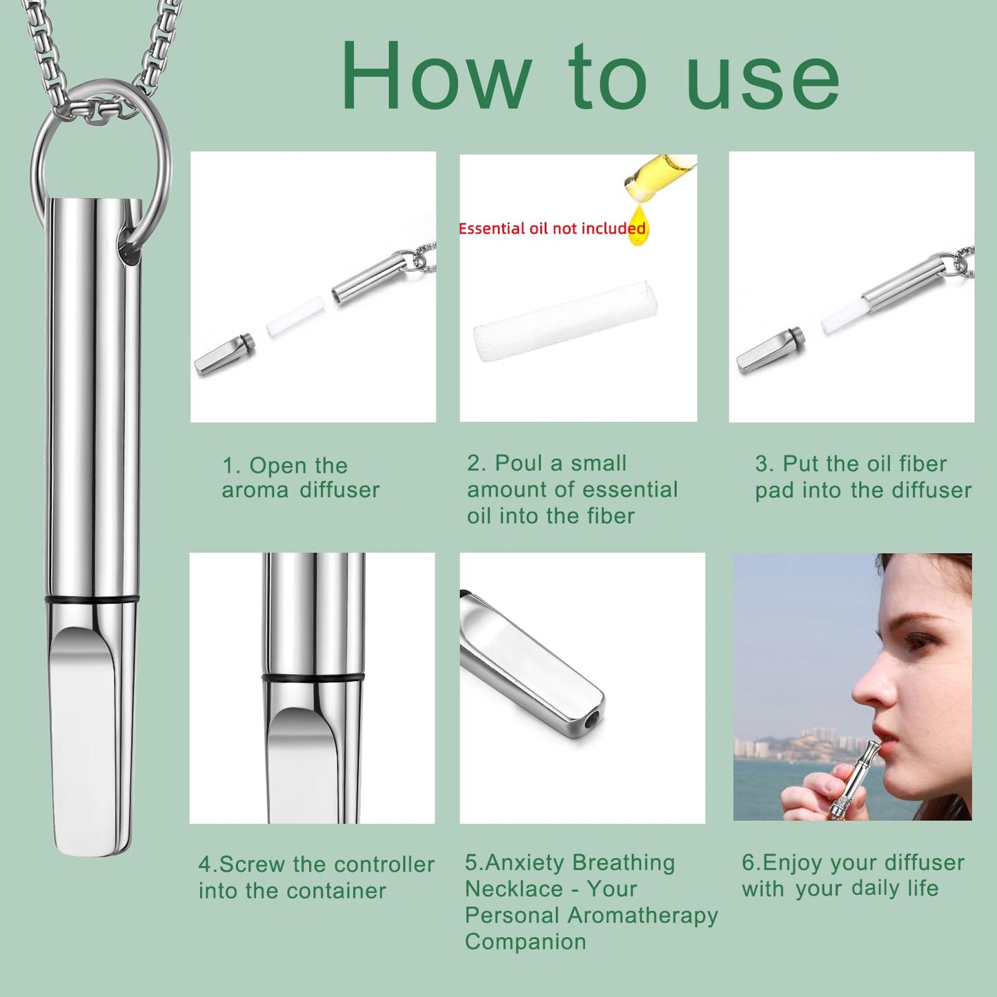 hooppoo Quit Smoking Necklace, Anxiety Relief Breathing Inhaler with Essential Oil Pad - Aromatherapy Diffuser Pendant for Smokers, Stainless Steel Necklace for Women & Men (Silver)