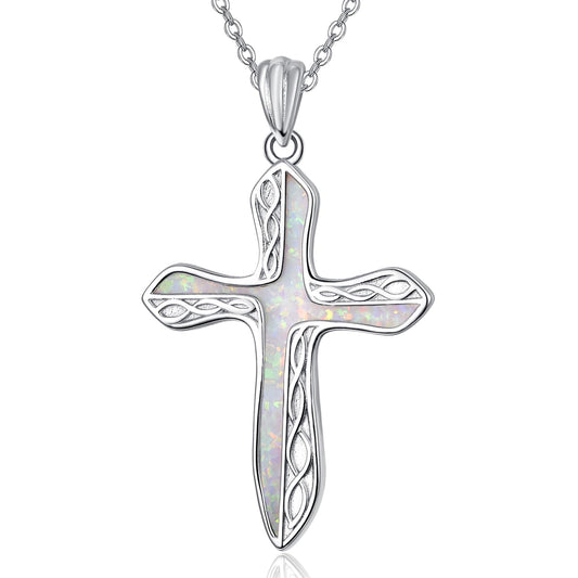 Dreamboat Sterling Silver Cross Necklace for Womens Cross Pendant Faith Christian Jewelry White Opal Celtic Necklace Confirmation Religious Gifts for Mom