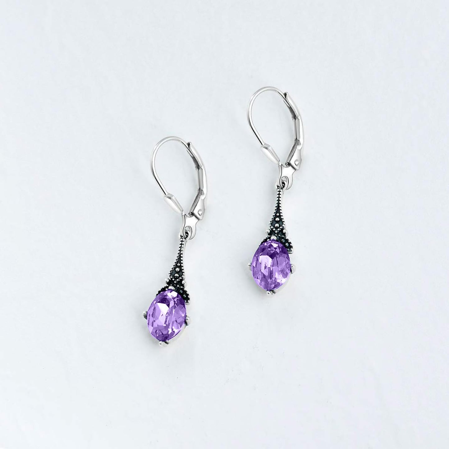 Violet Purple Earrings for Women 925 Sterling Silver Vintage Retro Leverback Drop Dangle Earrings with Lavender Purple June Birthstone Crystals