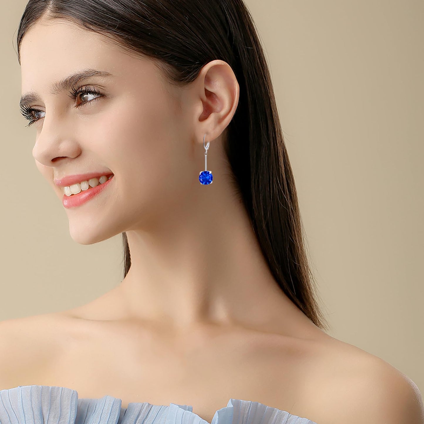 VONSSY Gemstone Drop Dangle Earrings | Platinum /Gold Plated Leverback Crystal Cubic Zirconia Hanging Red /Pink/Blue Earrings (Sapphire Blue-Platinum)