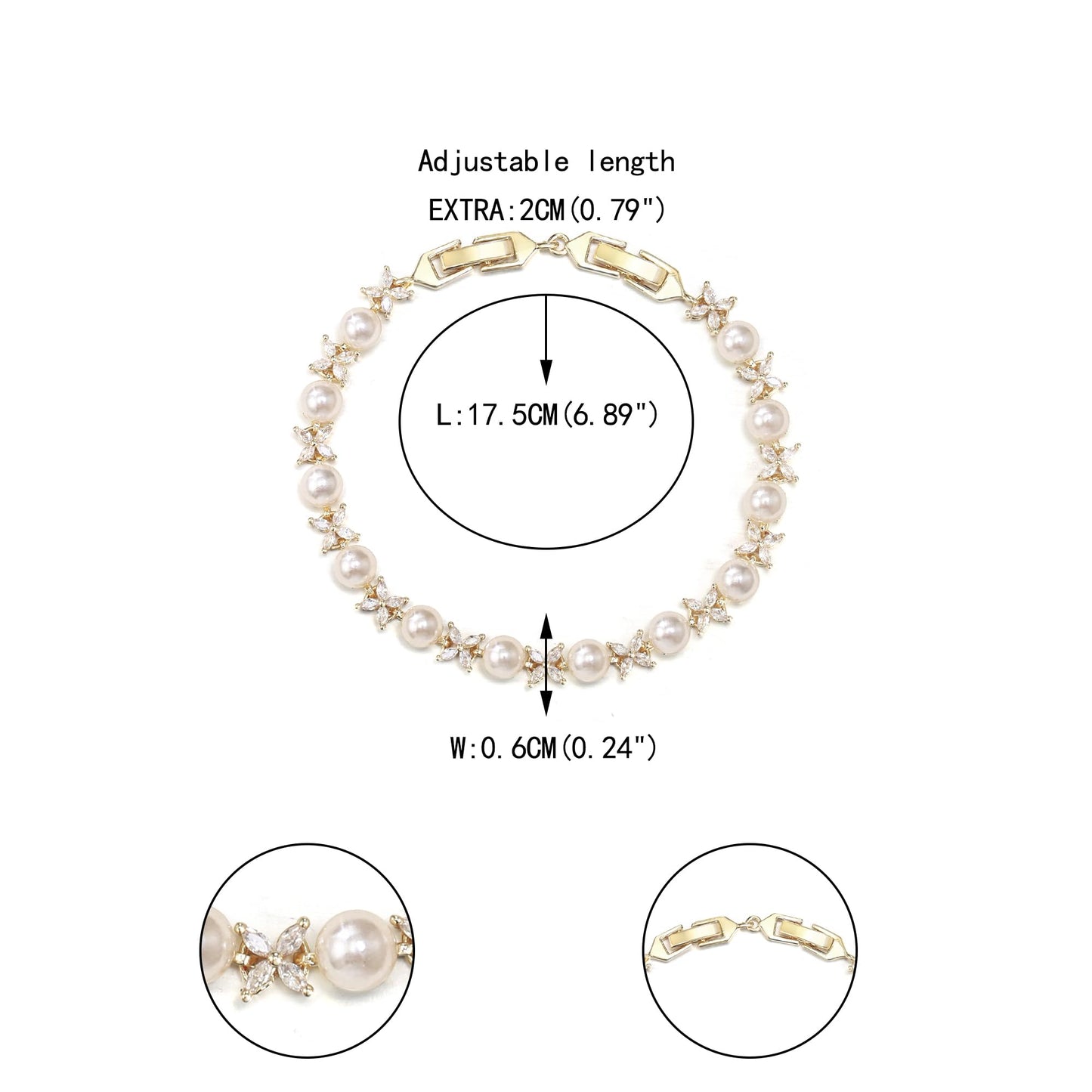 EVER FAITH Wedding Jewelry for Bride White Marquise Cubic Zirconia Cream Faux Pearl Floral Bridal Prom Tennis Bracelet for Women Clear Gold-Plated-Brass