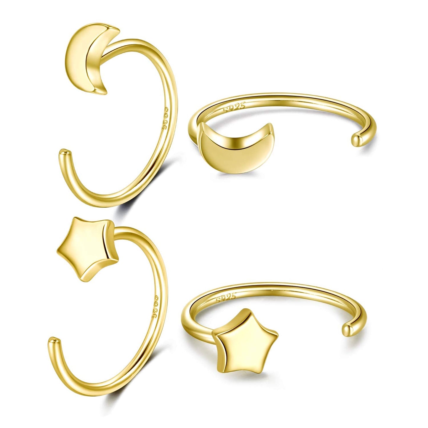 Moon Star Earrings 18K Gold Plated 925 Sterling Silver Half Hoop Earrings for Women Huggie hoops Open Hug Earrings Set 2 Pairs