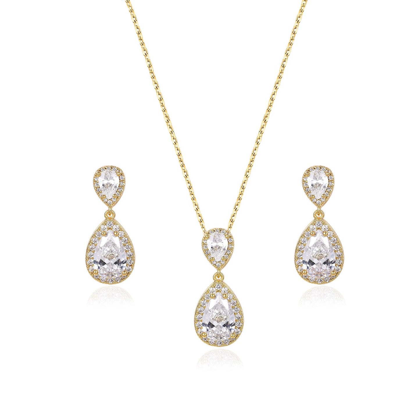 UDYLGOON Bridal Jewelry Set for Women, Cubic Zirconia Teardrop Bride Bridesmaid Necklace and Earrings Set for Wedding Prom Formal (14K Gold Plated)