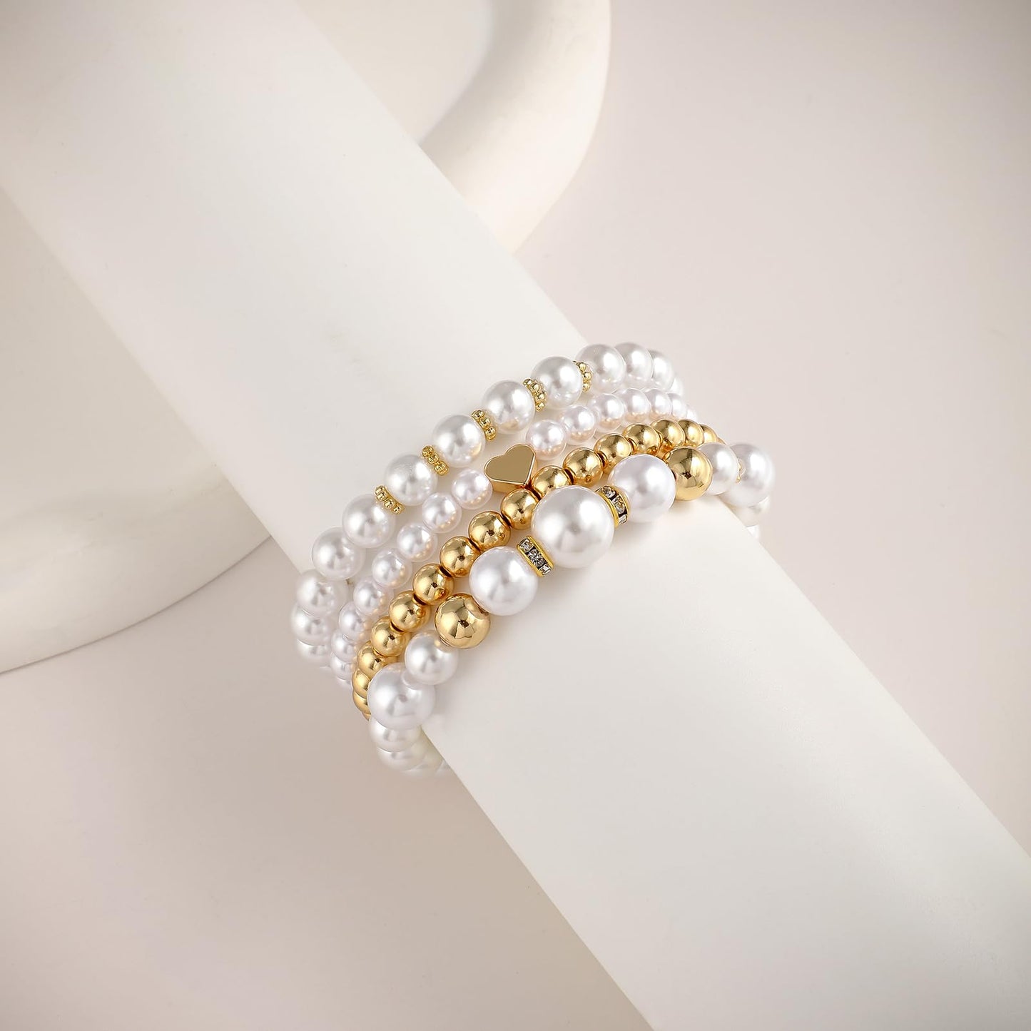 Sajidos Gold Plated Beaded Bracelets for Women Trendy, 14K Gold Plated Stack Cross Pearl Gold Plated Bead Stretch Bracelets Set Elastic Hypoallergenic Bracelets Jewelry Gifts (style11-1)