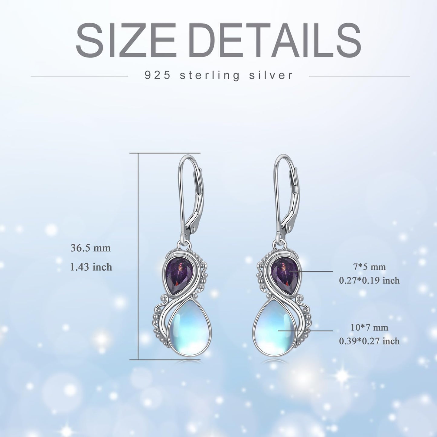 Moonstone Earrings 925 Sterling Silver Amethyst Purple Leverback Dangle Drop Earrings for Women
