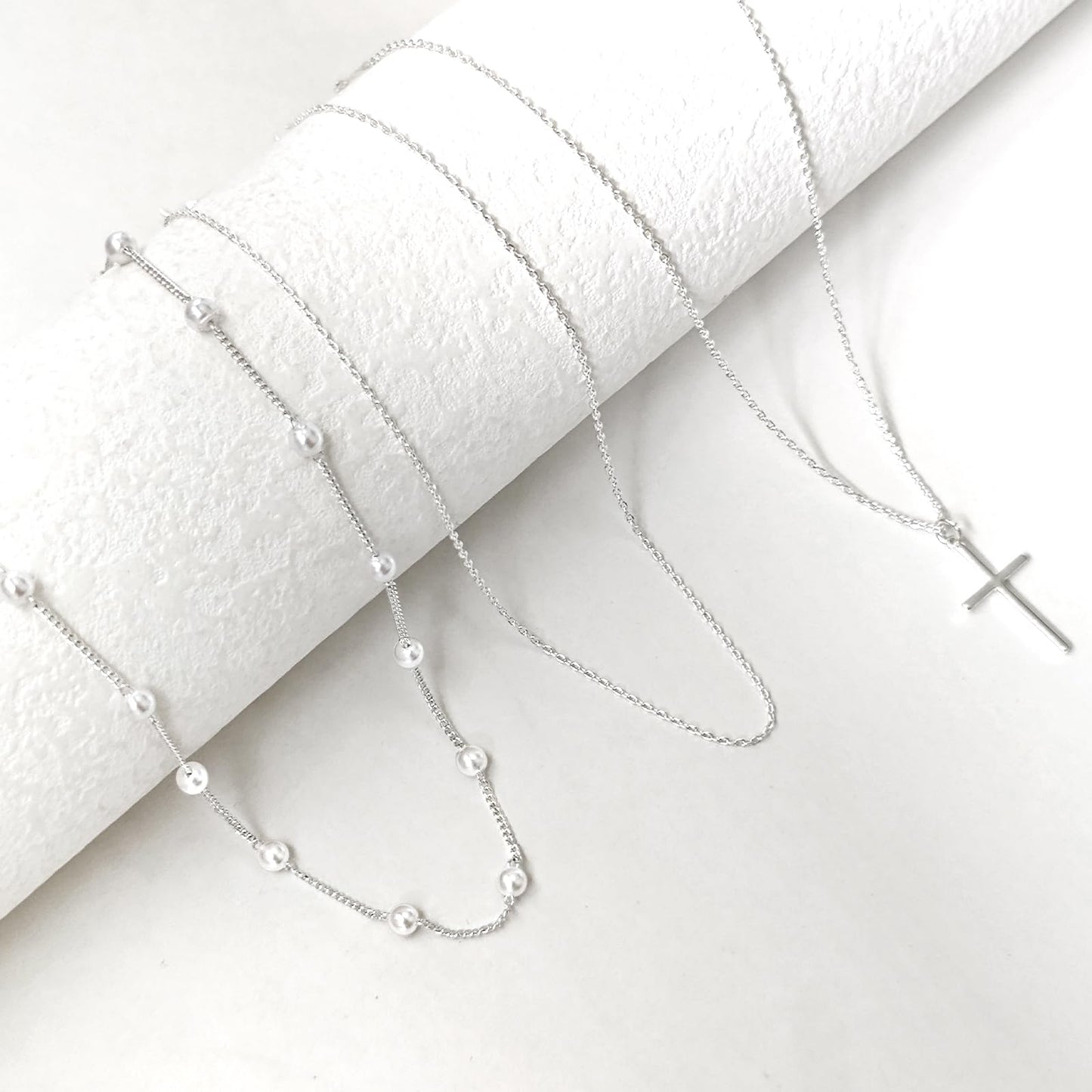 Zeffy Layered Silver Necklaces for Women Dainty Silver Cross Necklace Trendy Pearl Choker Cute Necklace Stack Jewelry Sets for Women Gifts