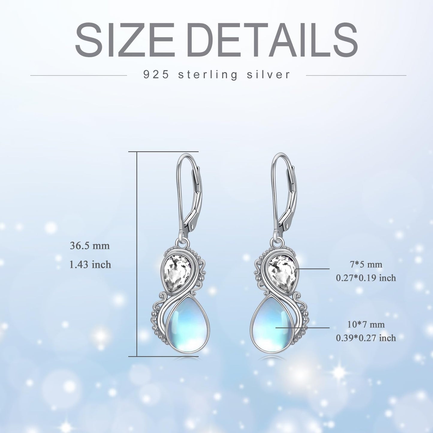 Moonstone Earrings 925 Sterling Silver Vintage Dangle Drop Leverback Earrings with Clear White April Birthstone Jewelry Gifts for Women
