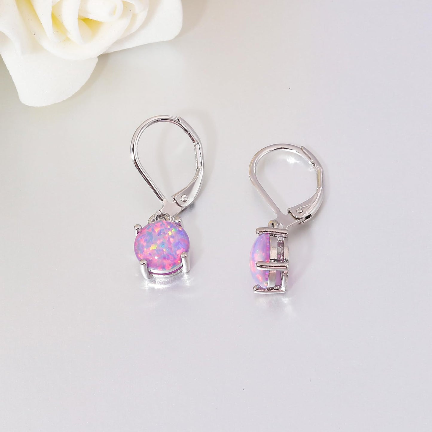 CiNily Round-Cut Opal Dangle Earrings for Women Hypoallergenic Purple Fire Opal Rhodium Plated Leverback Gemstone Drop Earrings Jewelry Birthday