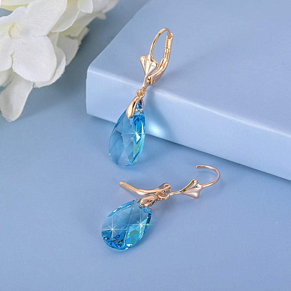 Austrian Crystal Teardrop Leverback Dangle Earrings for Women Fashion 14K Gold Plated Hypoallergenic Jewelry (Aquamarine)