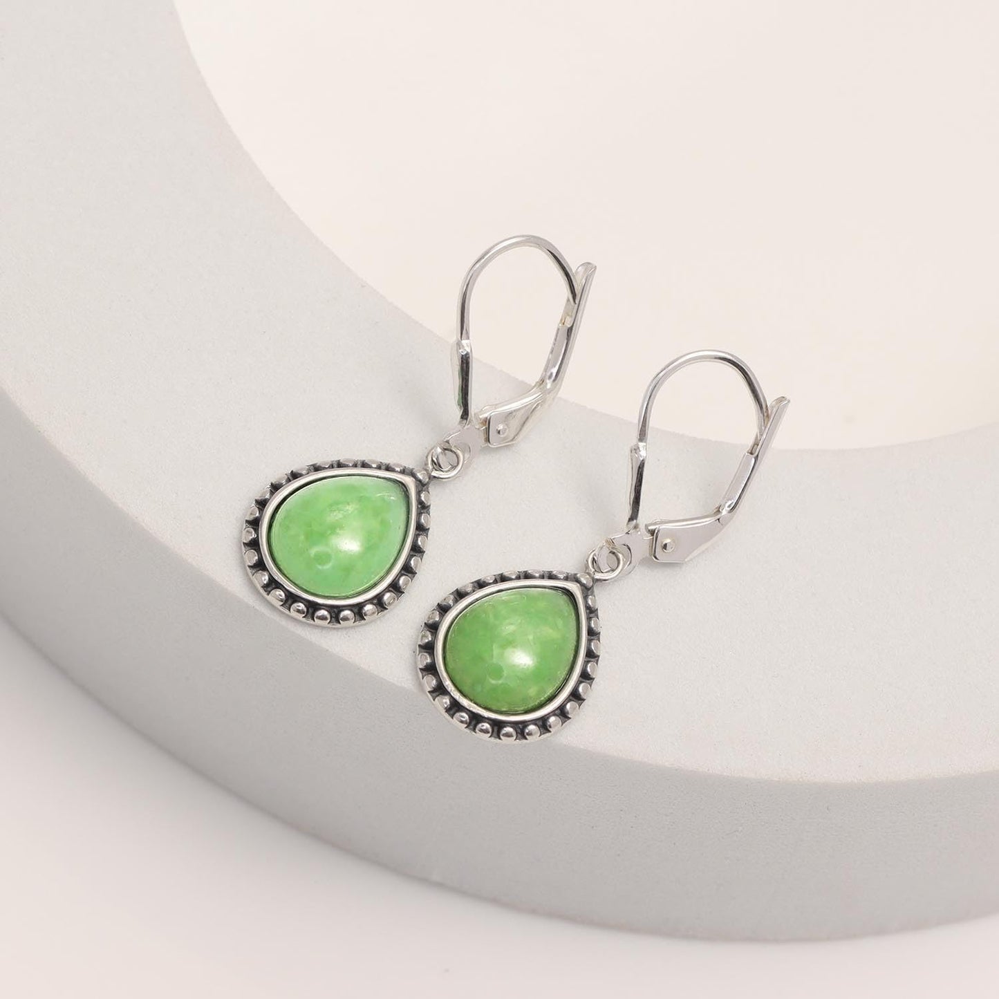 LeCalla 925 Sterling Silver Teardrop Leverback Earrings for Women | Antique Pear Shaped Green Jade Dangle Earrings 30MM