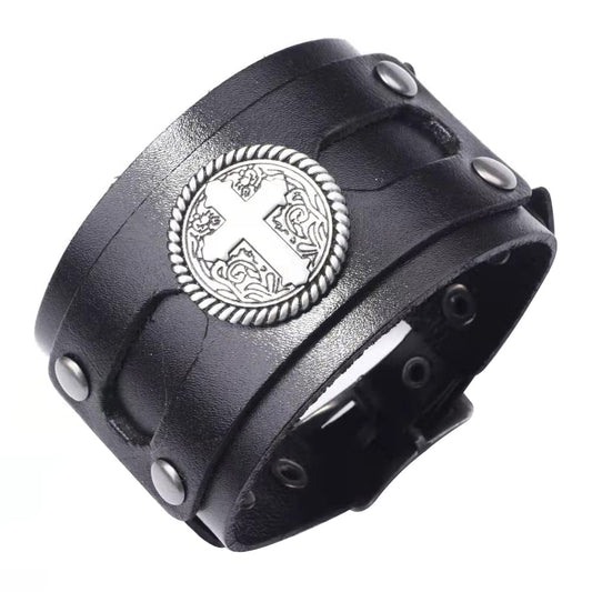 NIGHTCRUZ Wide Leather Bracelet with Cross, Medieval Leather Cuff Wristband for Mens