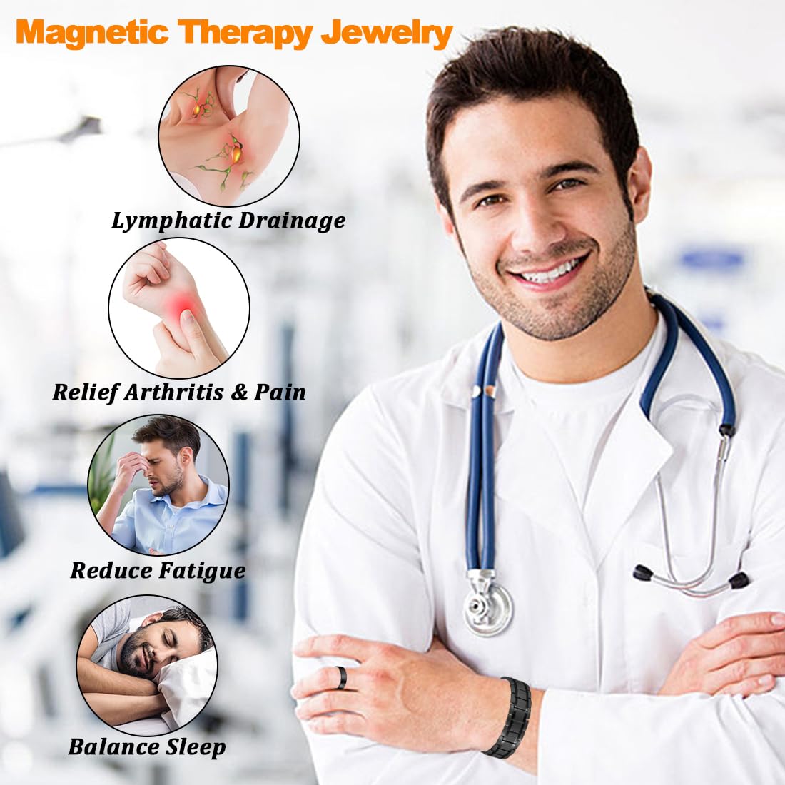 Cigmag 3X Magnetic Bracelets for Men Ultra Strength Magnets Upgrade Folding Clasp Titanium Bracelet & Copper Ring Adjustable with Sizing Tool (Black)