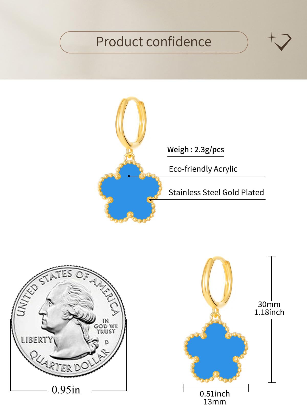 Gold Plated Five Leaf Clover Dangle Earrings for Women Lucky Flower Jewelry (Blue-14K Gold Plated)
