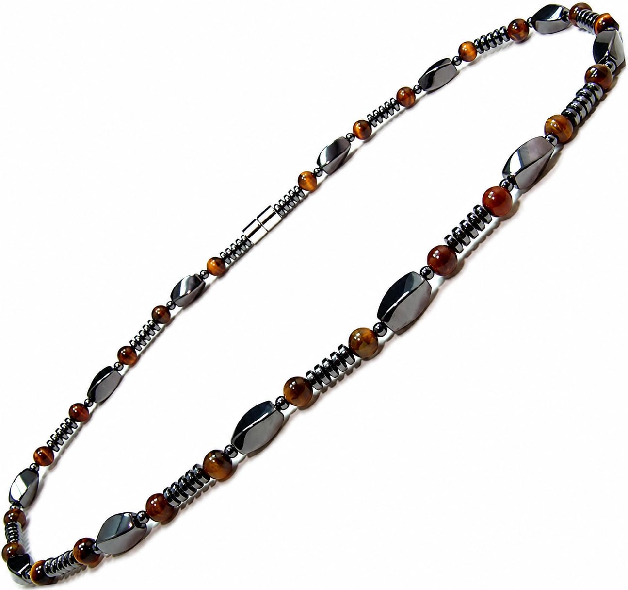 Accents Kingdom Men's Tiger Eye & Hematite Necklace - Natural Stone Beaded Necklace with Magnetic Clasp, Modern Masculine Jewelry for Casual, Business & Golf Wear, 22"