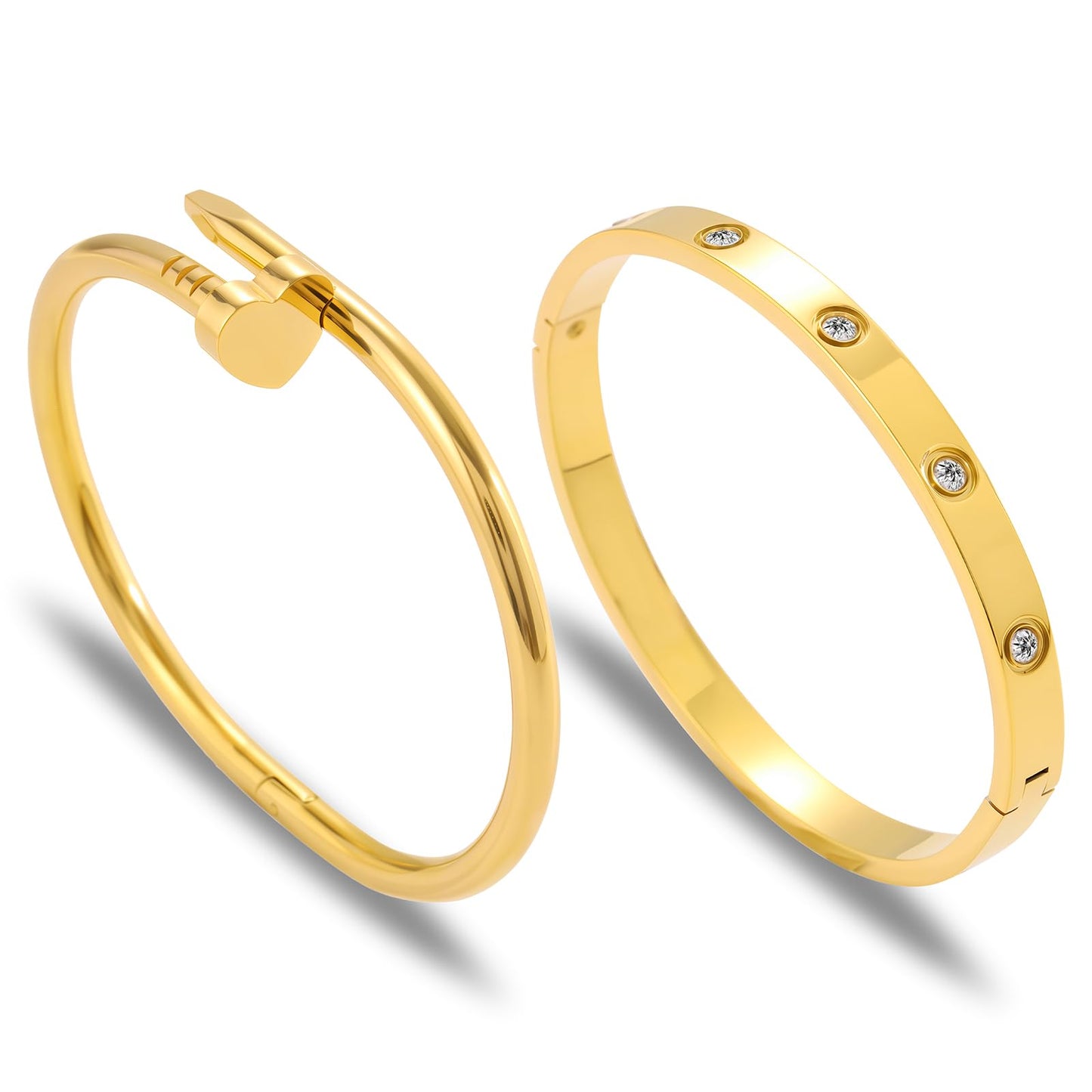 Acnode Gold Bangle Bracelets for Women -2PCS Friendship & Love Bangle Bracelet Clover Nail Bracelet Stack Set Trendy Non-Tarnish Stainless Steel Jewelry Gifts for Mom Wife Her