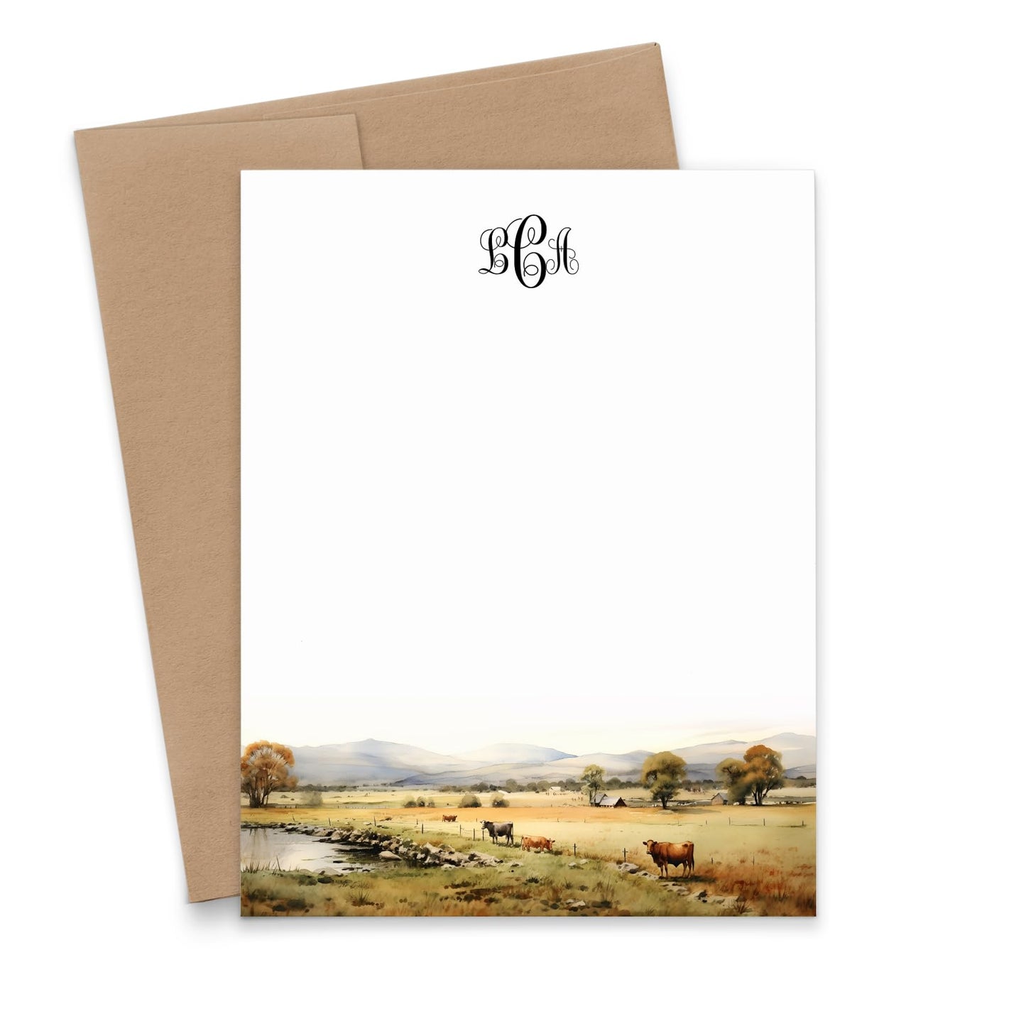 Personalized Monogram Stationery for Women, FLAT Note Card With Envelope, Farm Stationery With Initials, Watercolor Landscape, Cow Notecards, Stationary for Writing, Your Choice of Colors and Quantity