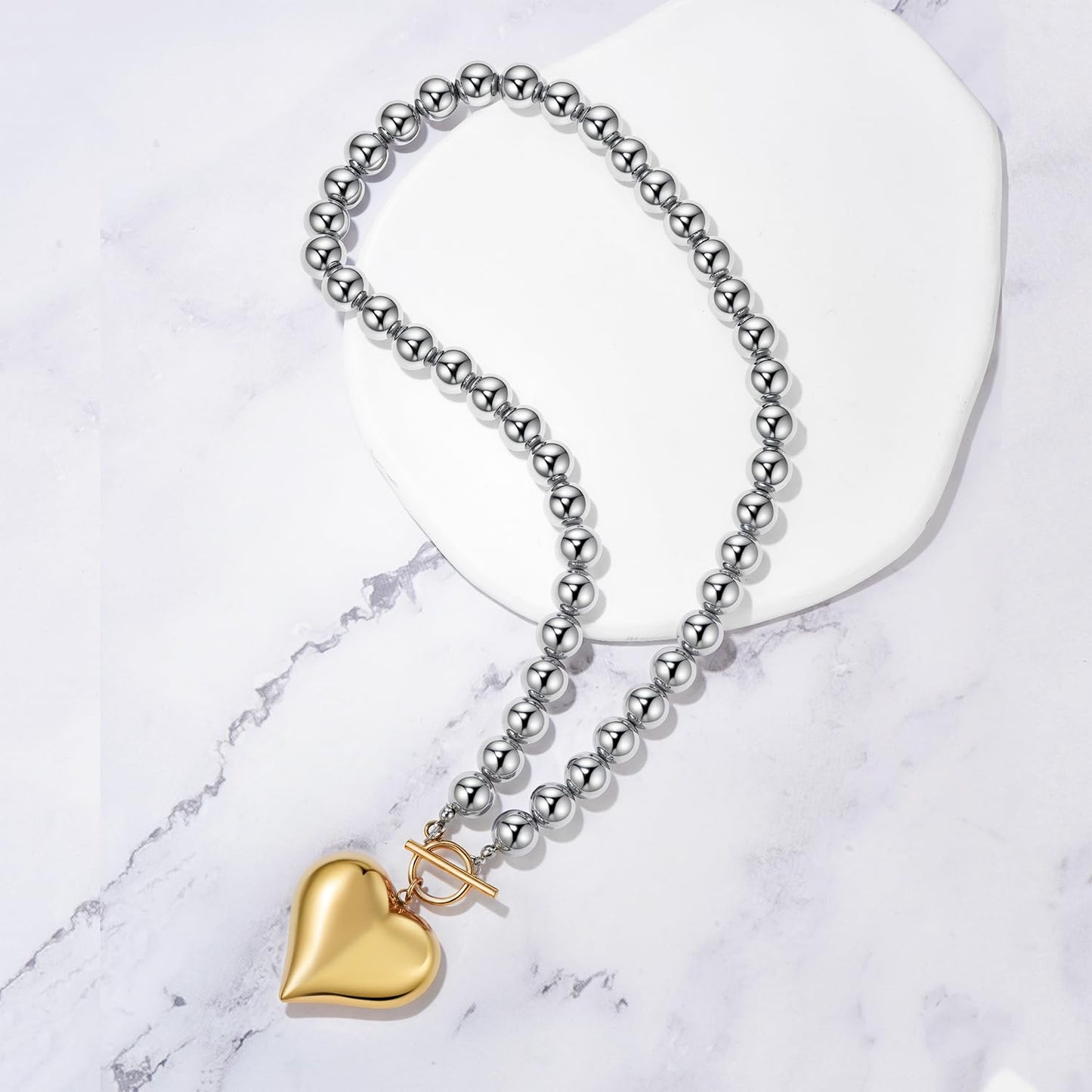 NUZON Chunky Puff Heart Pendant Necklace for Women 18K Gold Plated Large Heart and Silver-tone Beaded Chain Necklace 2-tone Stainless Steel Toggle Clasp Statement Jewelry 18''