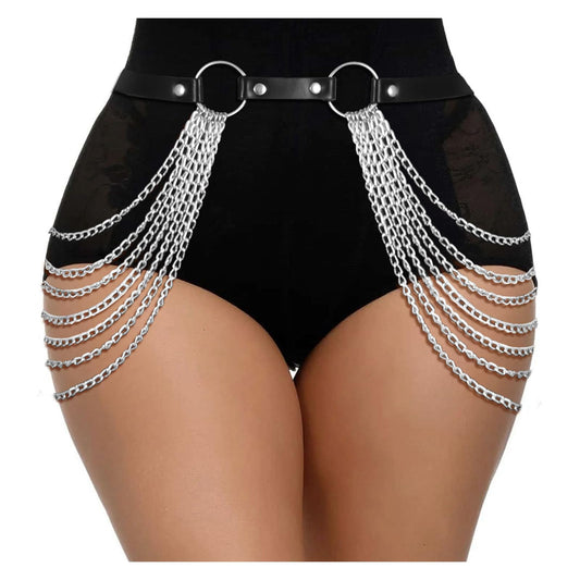JASGOOD Women Punk Waist Chain Belt Black Leather Layered Belly Body Waist Chains Nightclub Rave Body Chain Belt for Girls,Black