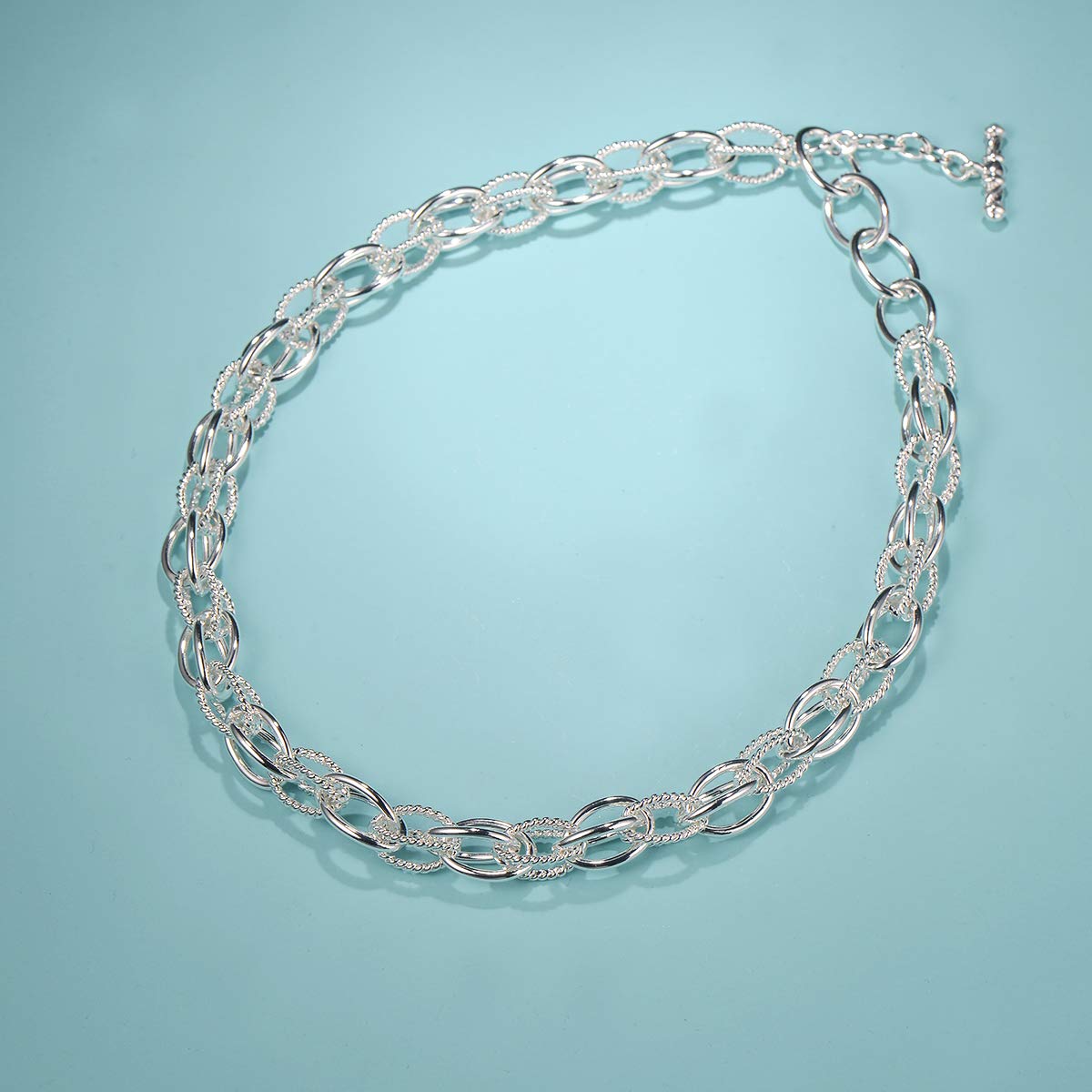 UNY JEWEL Style Trendy Elegant Vintage Retro Unique David Fashion style 2 Tone Double Twist Wire Double Link Women Short Necklace (Silver Tone)