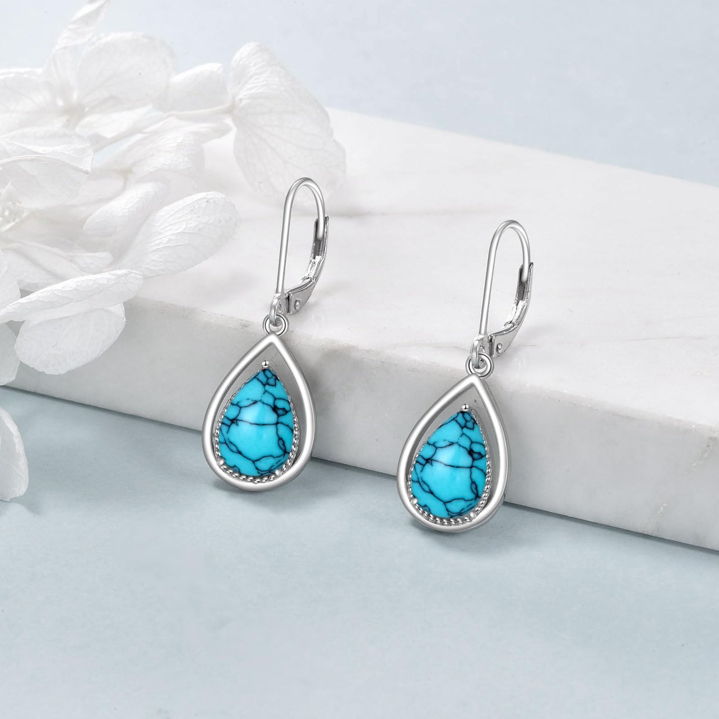 VONALA Turquoise Earrings 925 Sterling Silver Turquoise Leverback Earrings Teardrop Dangle Dangling Earrings Jewelry Gift for Women