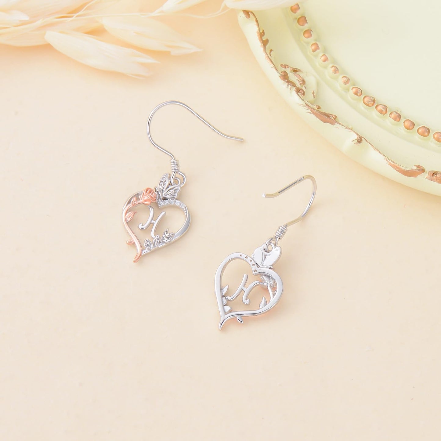 TOUPOP Rose Heart Initial Earrings Sterling Silver Butterfly Earring Initial H Letter Drop Dangle Earrings Jewelry Anniversary Birthday Mothers Day Gifts for Women Mom Wife Girlfriend Her