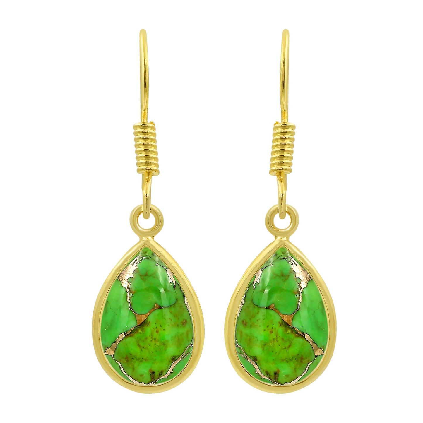 Natural Green Copper Turquoise 14K Yellow Gold Plated Dangle Earrings for Women - December Birthstone Teardrop Shape Green Gemstone Handmade Earrings Jewelry Gifts for Her