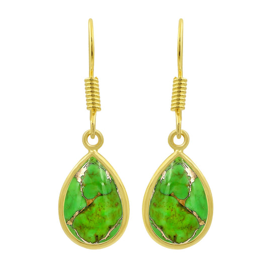 Natural Green Copper Turquoise 14K Yellow Gold Plated Dangle Earrings for Women - December Birthstone Teardrop Shape Green Gemstone Handmade Earrings Jewelry Gifts for Her