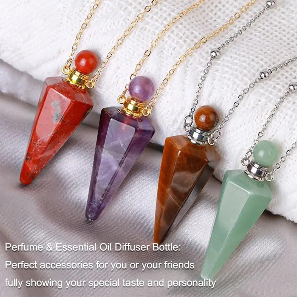 925 Sterling Silver Essential Oil Necklace For Women And Men, Natural Crystal Stone Cone Shape Pendant Necklace Healing Perfume Bottle Necklace Essential Oil Pendant Necklace (1 - Essential Oil Necklace)
