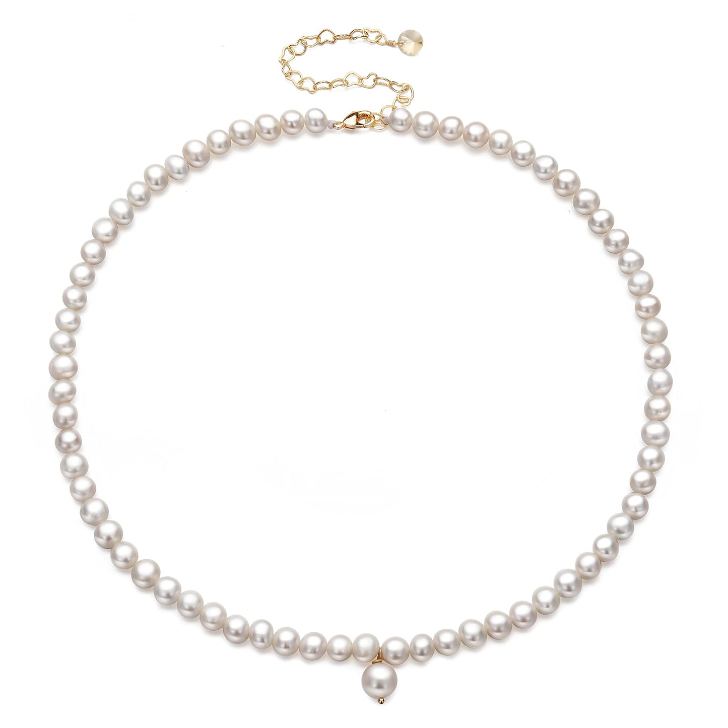 Round White Pearl Necklace for Women Men Dainty Choker Necklace with Charms Brides Jewelry 18 Inches