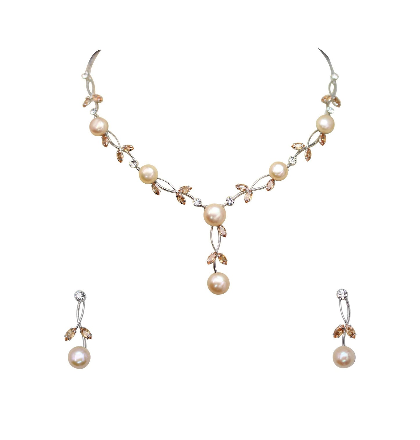 Faship Champagne Brown CZ Crystal Pink Genuine Freshwater Pearls Floral Necklace Earrings Set - Brown/Silver-Tone