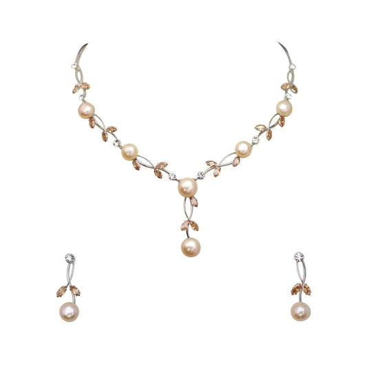 Faship Champagne Brown CZ Crystal Pink Genuine Freshwater Pearls Floral Necklace Earrings Set - Brown/Silver-Tone