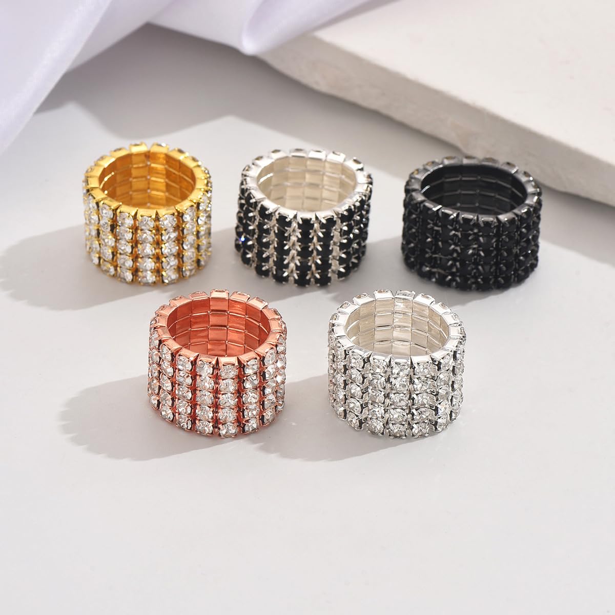 2PCS Rhinestone Stretch Ring for Women Sparkling Gold Silver Black Crystal Knuckle Ring Set Fashion Crystal Stackable Finger Rings Set Elegant Bridal Wedding Stretchy Statement Rings Jewelry (Silver)