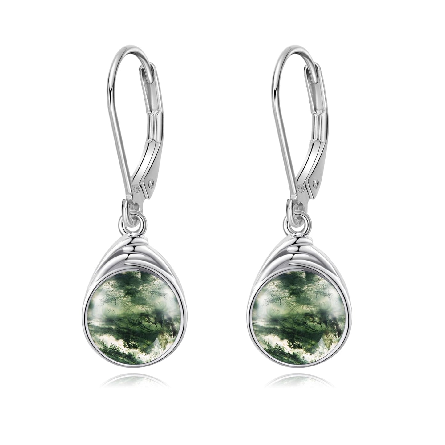 POPLYKE Moss Agate Earrings for Women Sterling Silver Round Moss Agate Leverback Earrings Dangle Earrings Jewelry