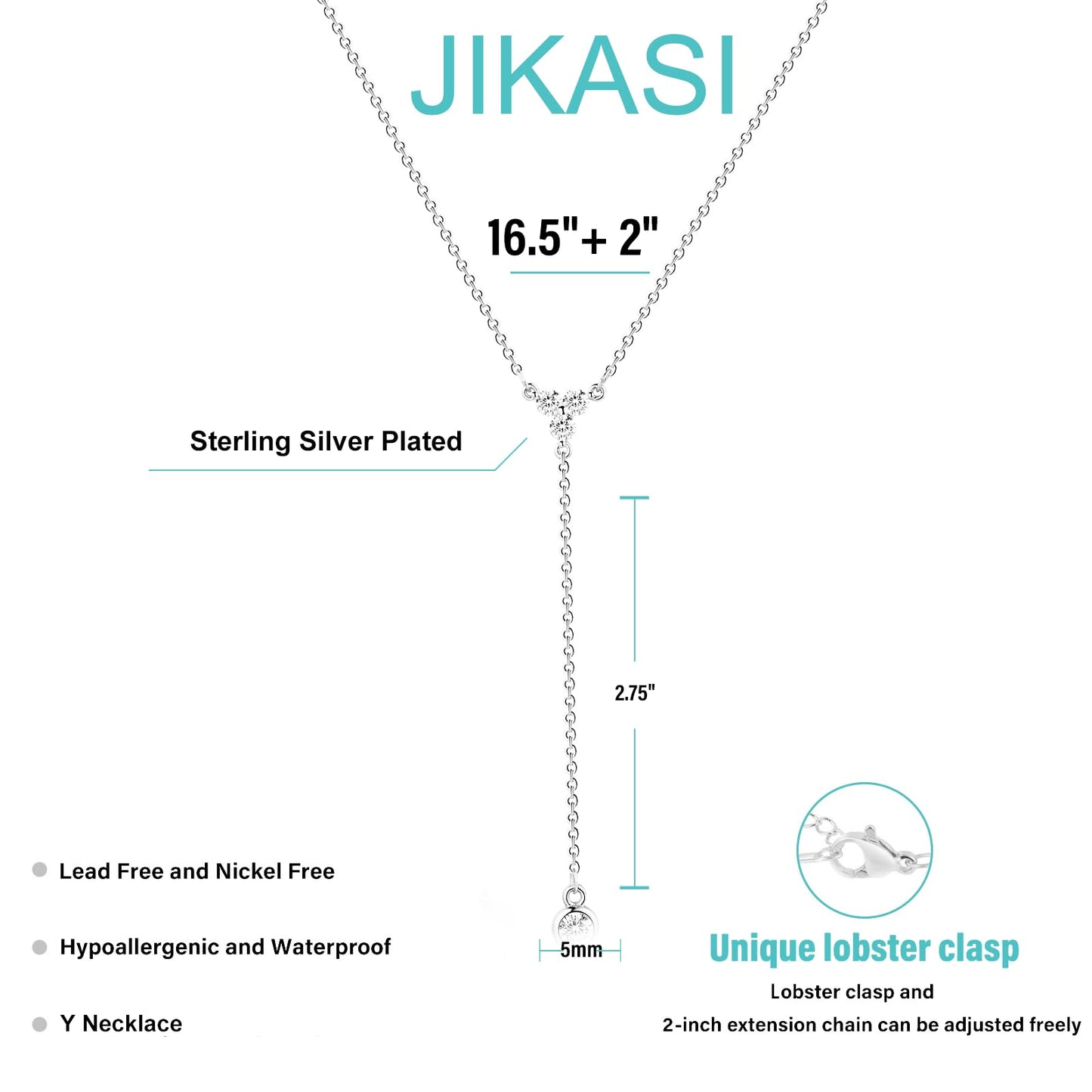 JIKASI Silver Drop Necklaces for Women Trendy Silver Layered Y-Shaped Necklace Dainty Drop Dangle Chain Simple CZ Necklaces Wedding Jewelry Gifts for Woman