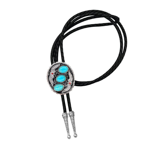 QUKE Vintage Native American Western Cowboy Three Blue Turquoise Stone Bolo Tie Hand-woven Leather Bola Tie Necktie for Men