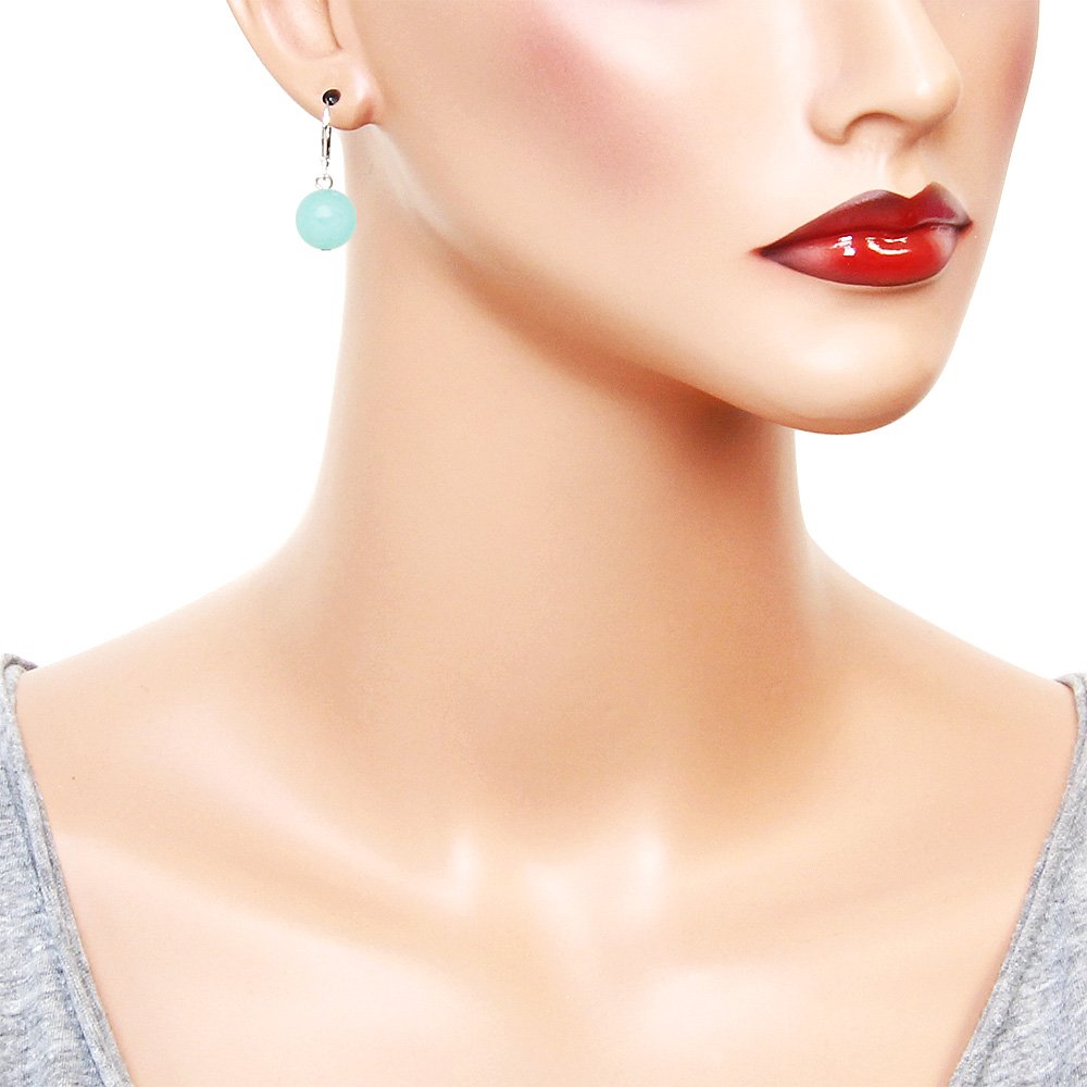 Falari 10mm Round Natural Stone Earring High Polished Rhodium Leverback Aqua Jade