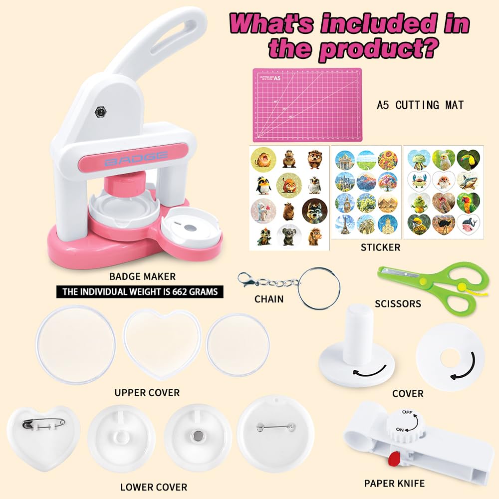 Upgraded Badge Button Maker Machine Kit - DIY Pin Press with 2 Round Sizes & Heart Shapes,Button Parts, Pictures, Circle Cutter, Board, Chain & Scissors - Ideal for Kids, School & Party Badge Making