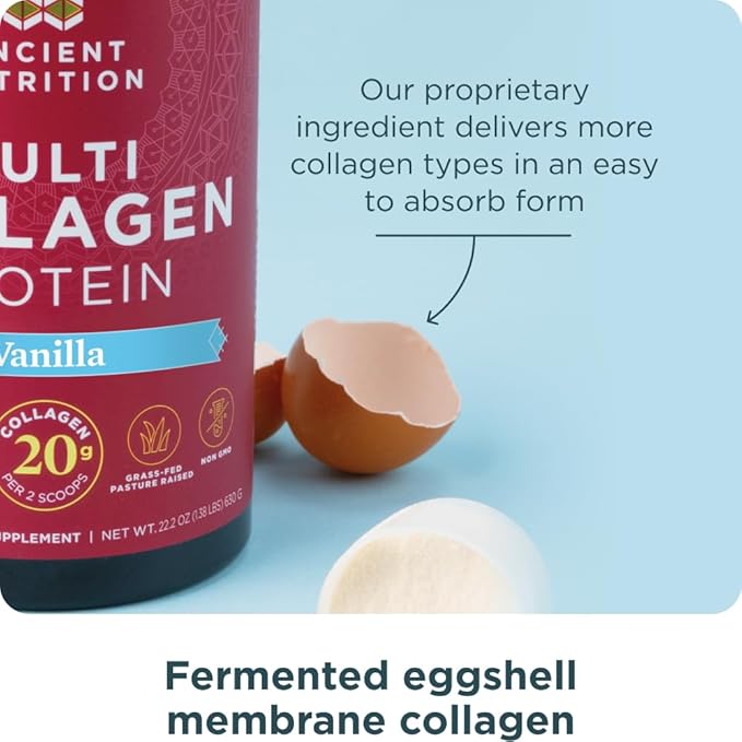 Ancient Nutrition Collagen Peptides Powder, Multi Collagen Protein, Women & Men, Vitamin C, Probiotics, Hydrolyzed Collagen, Supports Skin, Joints, Gut Health, Vanilla, 24 Servings