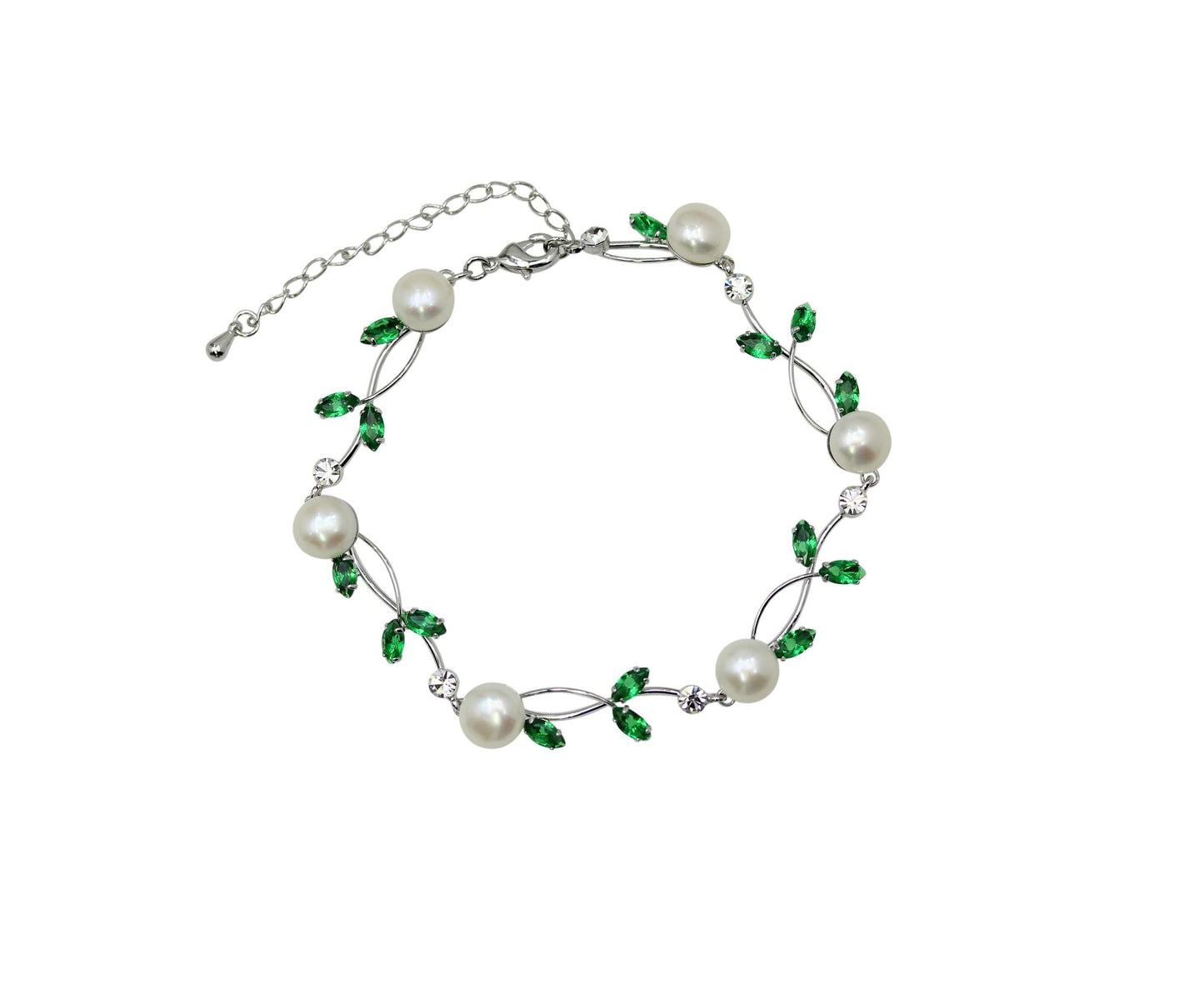 Faship Green CZ Crystal Genuine Freshwater Pearls Floral Bracelet 7.5" - 9.5" - Green/Matching Bracelet